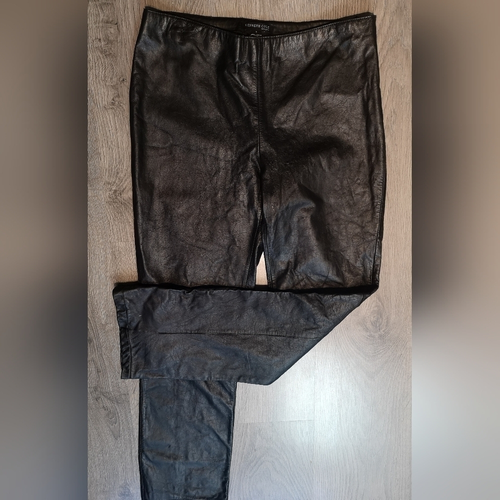 Vintage Minimalist straight leg flat front BLACK Leather pants
